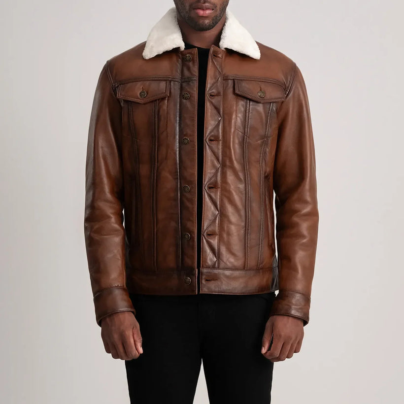 Dallis Brun Leather Shearling Trucker Skinnjakke for Herre