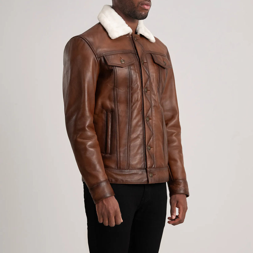 Dallis Brun Leather Shearling Trucker Skinnjakke for Herre