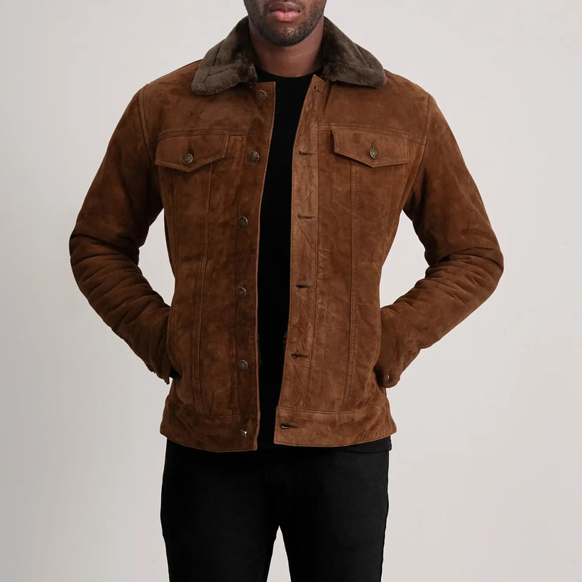 Dallis Brun Suede Shearling Trucker Skinnjakke for Herre