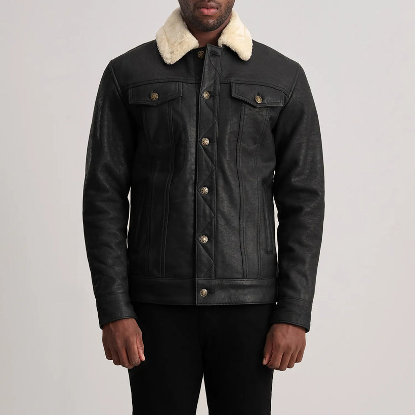 Dallis Distressed Svart Leather Shearling Trucker Skinnjakke for Herre