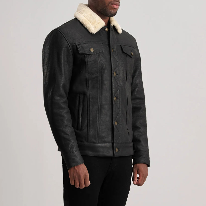 Dallis Distressed Svart Leather Shearling Trucker Skinnjakke for Herre