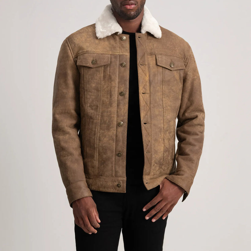 Dallis Distressed Brun Leather Shearling Trucker Skinnjakke for Herre
