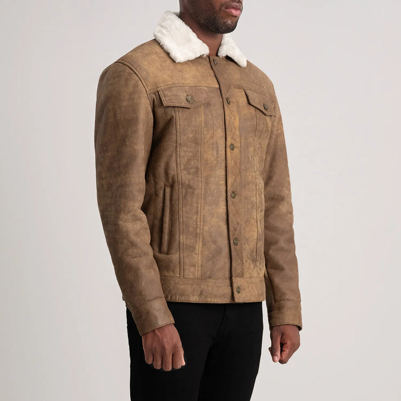 Dallis Distressed Brun Leather Shearling Trucker Skinnjakke for Herre