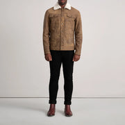 Dallis Snuffed Brown Shearling Trucker Jacket - Lateral Side Profile View Showing Sleeve Cut &amp; Athletic Taper Fit