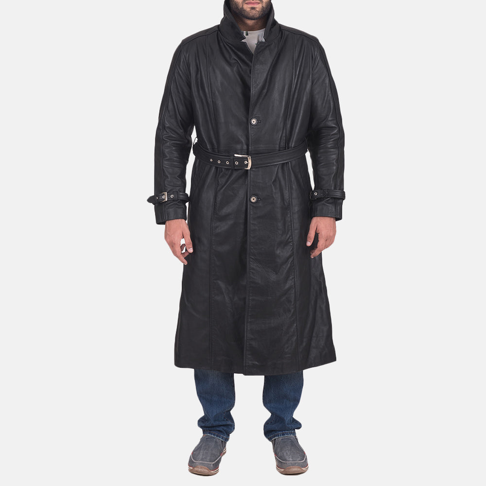 Men's Daniel Svart Trenchcoat i Skinn for Herre in Black Cowhide Leather - Front Profile View &amp; Tailored Silhouette | Buy Online