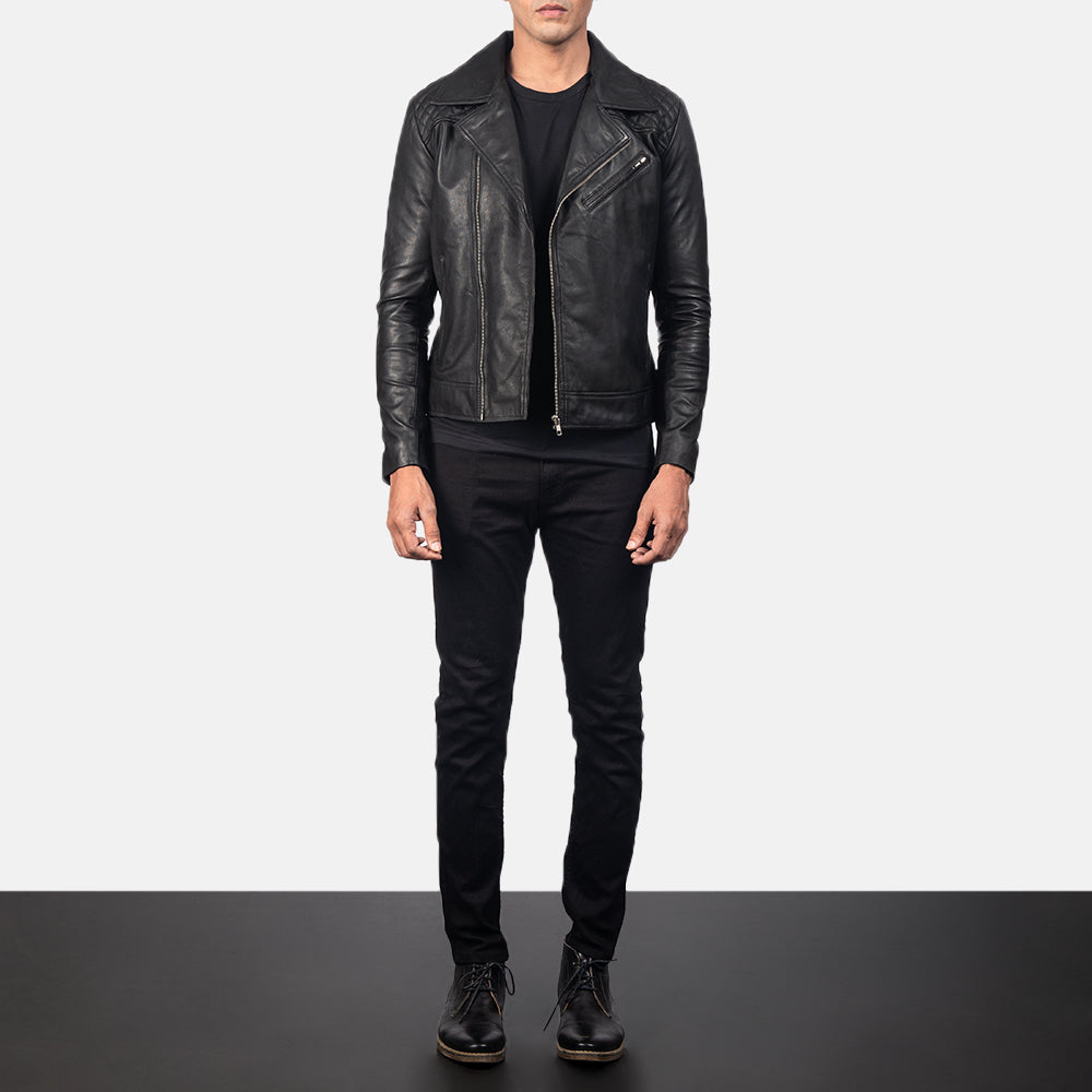 Close-Up Detail of Notch & Zipper Hardware on Danny Quilted Brown Leather Biker Jacket