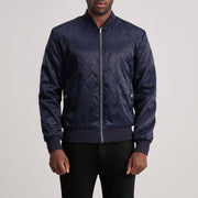Danson Quilted Blue Varsity Skinnjakke for Herre in Blue Satin - Front Profile View &amp; Tailored Silhouette | Buy Online