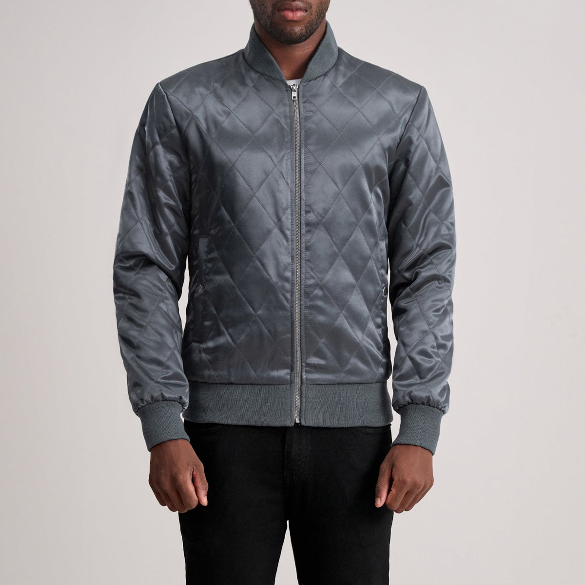 Danson Quilted Grey Varsity Skinnjakke for Herre in Grey Satin - Front Profile View &amp; Tailored Silhouette | Buy Online