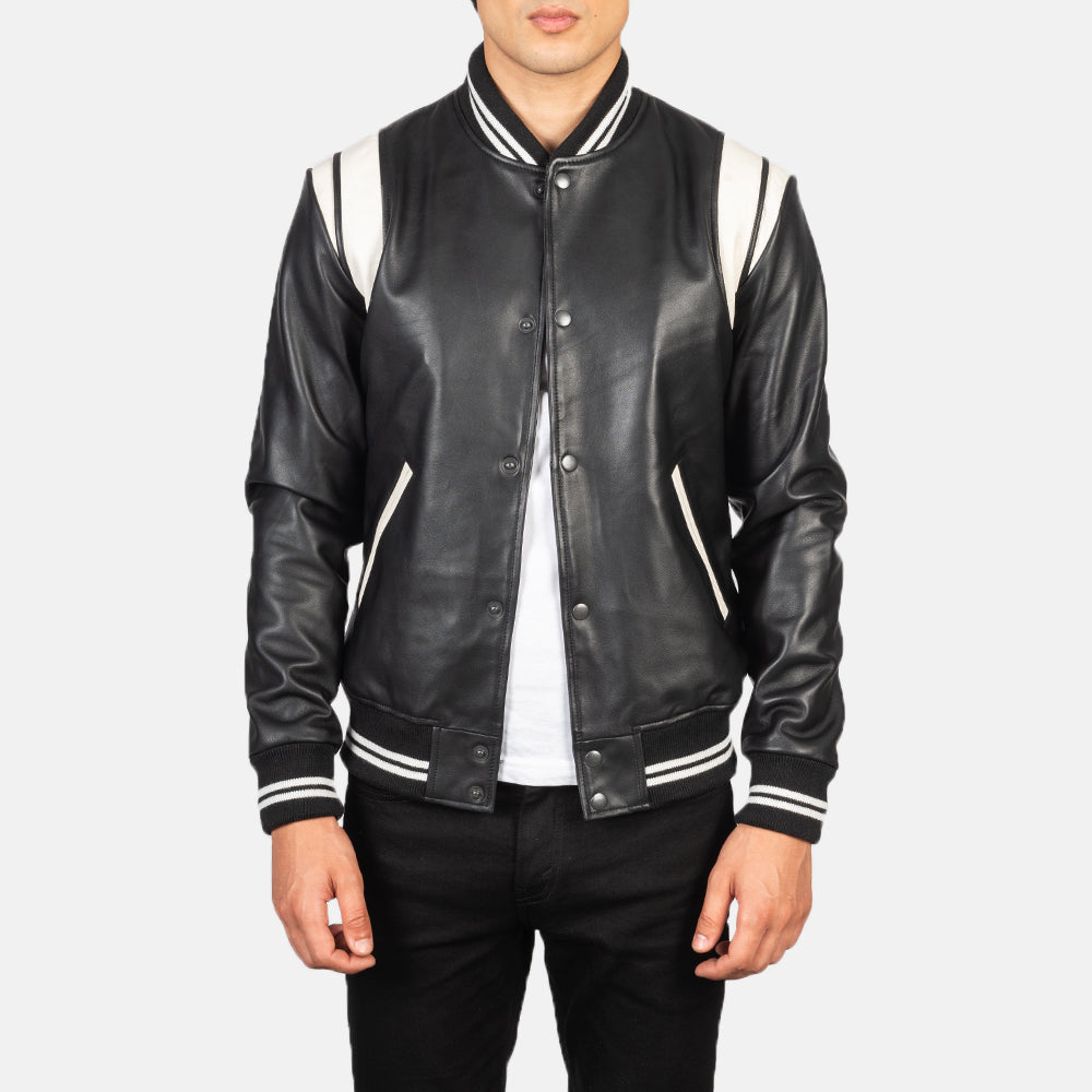 Men's Dantee Svart Leather Varsity Skinnjakke for Herre in Black &amp; White Sheepskin Leather - Front Profile View &amp; Tailored Silhouette | Buy Online