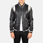 Men's Dantee Svart Leather Varsity Skinnjakke for Herre in Black &amp; White Sheepskin Leather - Front Profile View &amp; Tailored Silhouette | Buy Online