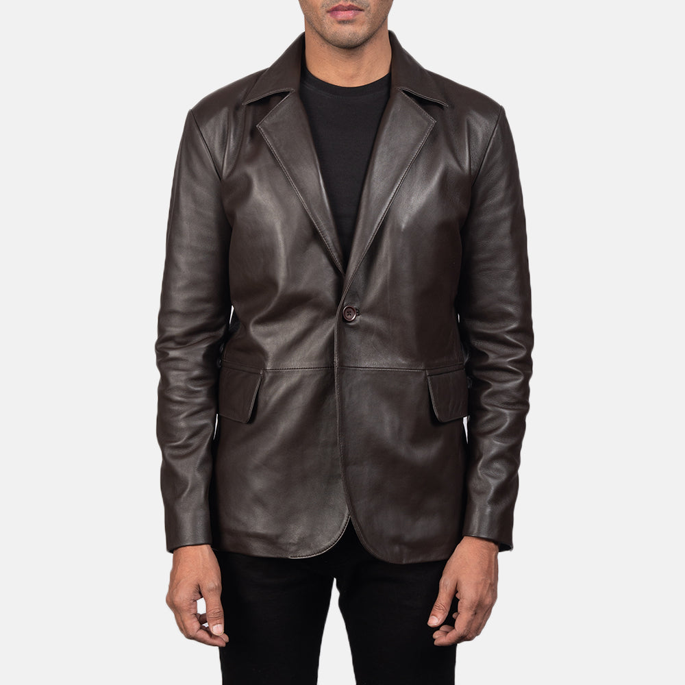 Daron Brun Skinnblazer for Herre in Brown Sheepskin Leather - Front Profile View &amp; Tailored Silhouette | Buy Online