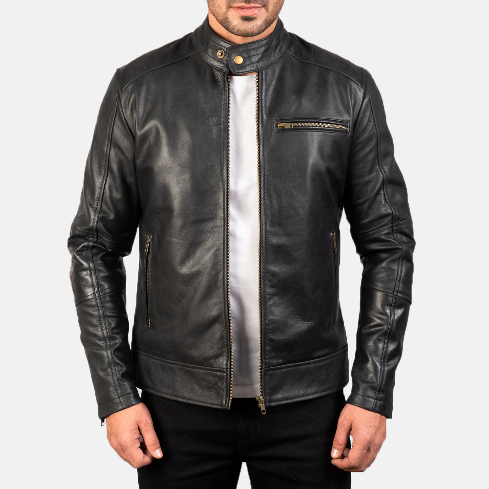 Dean Svart Bikerjakke i Skinn for Herre in Black Cow Hide Leather - Front Profile View &amp; Tailored Silhouette | Buy Online