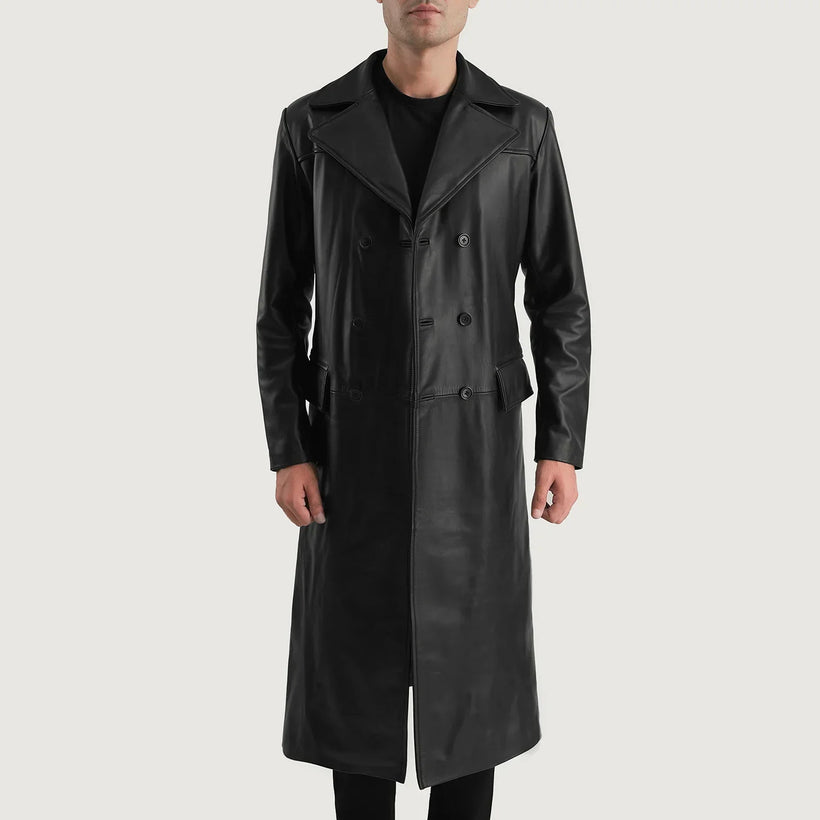 Delmar Svart Leather Double-Breasted Skinnkåpe for Herre