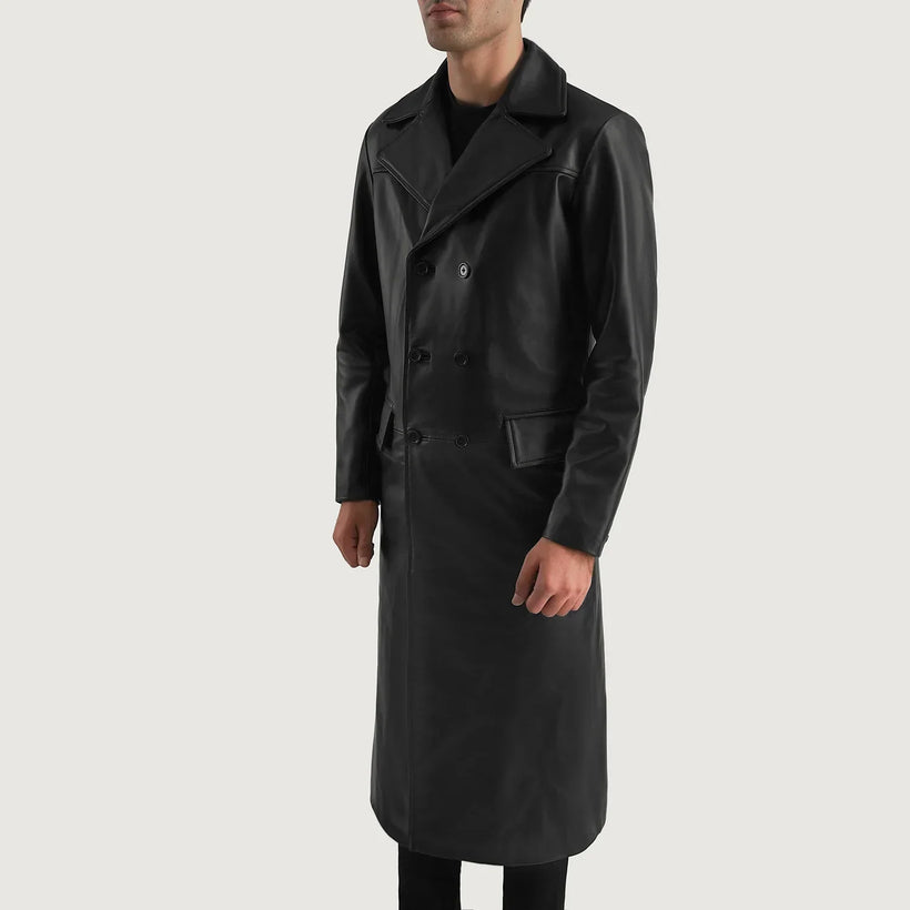 Delmar Svart Leather Double-Breasted Skinnkåpe for Herre