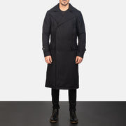 
Close-Up Detail of Notch & Button Hardware on Detective Black Wool Coat