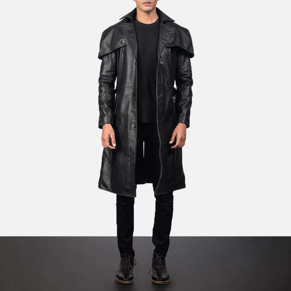 Men's Deux Svart Leather Duster for Herre in Black Cowhide Leather - Front Profile View &amp; Tailored Silhouette | Buy Online