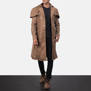
Deux Brown Leather Duster in Distressed Brown Semi-Aniline Snuffed - Front Profile View & Tailored Silhouette | Buy Online