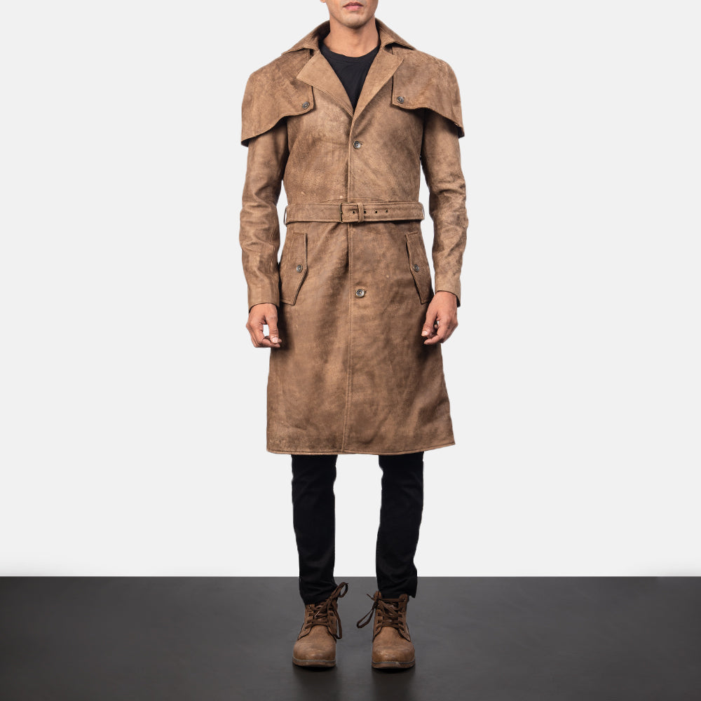 
Close-Up Detail of Classic Collar & Buttons + Belt Hardware on Deux Brown Leather Duster