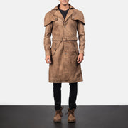 
Close-Up Detail of Classic Collar & Buttons + Belt Hardware on Deux Brown Leather Duster