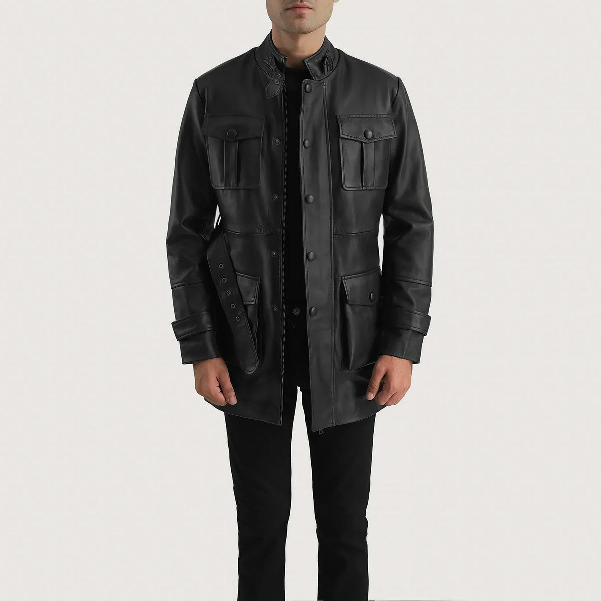 Dolf Svart Skinnjakke for Herre in Black Cowhide Leather - Front Profile View &amp; Tailored Silhouette | Buy Online