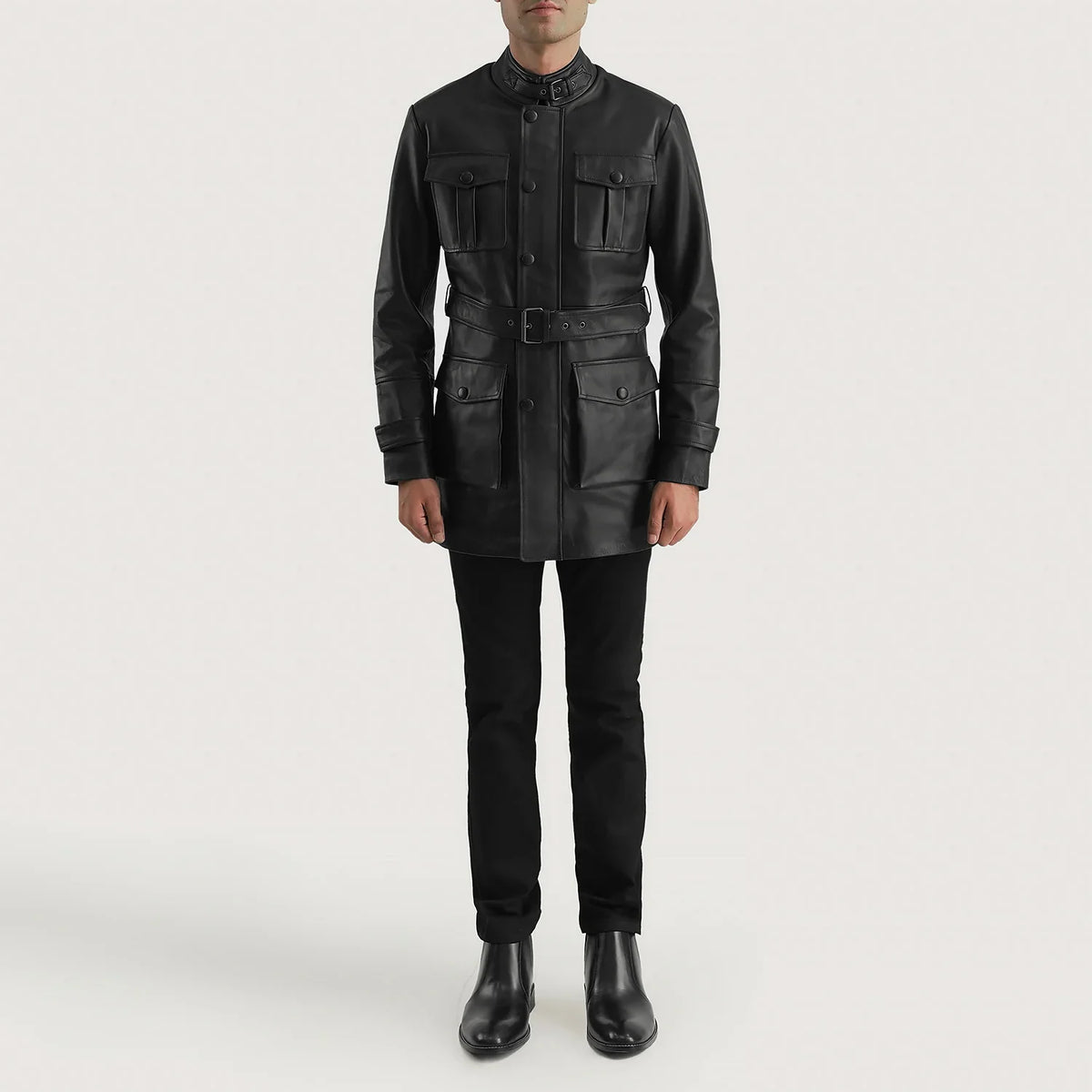 Dolf Svart Skinnjakke for Herre - Lateral Side Profile View Showing Sleeve Cut &amp; Athletic Taper Fit