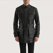 Close-Up Detail of High neck with Belt &amp; Snap button Hardware on Dolf Svart Skinnjakke for Herre
