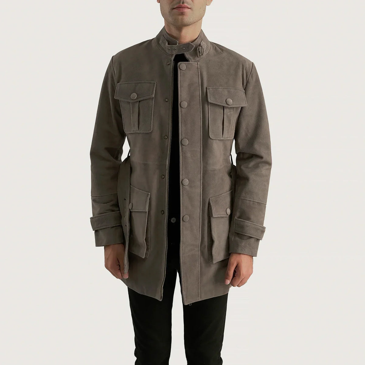 Dolf Grey Semsket Skinnjakke for Herre in Grey Cowhide Suede - Front Profile View &amp; Tailored Silhouette | Buy Online