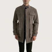 Dolf Grey Semsket Skinnjakke for Herre in Grey Cowhide Suede - Front Profile View &amp; Tailored Silhouette | Buy Online