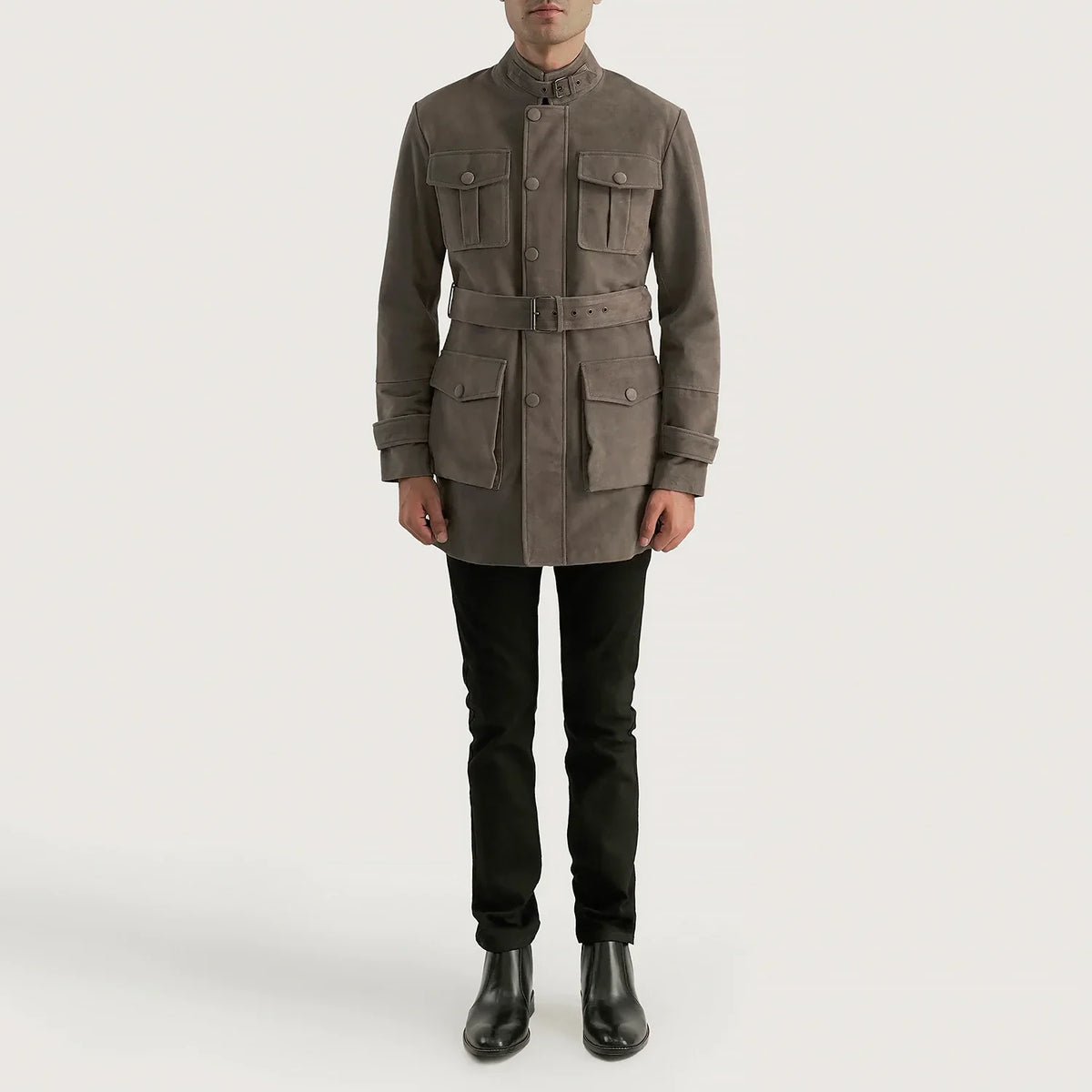 Dolf Grey Semsket Skinnjakke for Herre - Lateral Side Profile View Showing Sleeve Cut &amp; Athletic Taper Fit