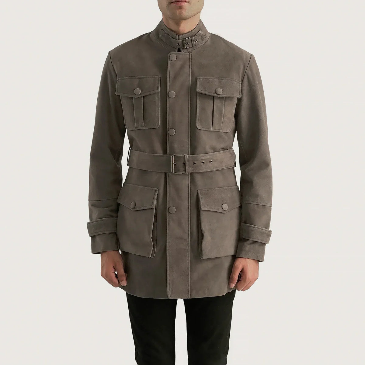 Close-Up Detail of High neck with Belt &amp; Snap button Hardware on Dolf Grey Semsket Skinnjakke for Herre