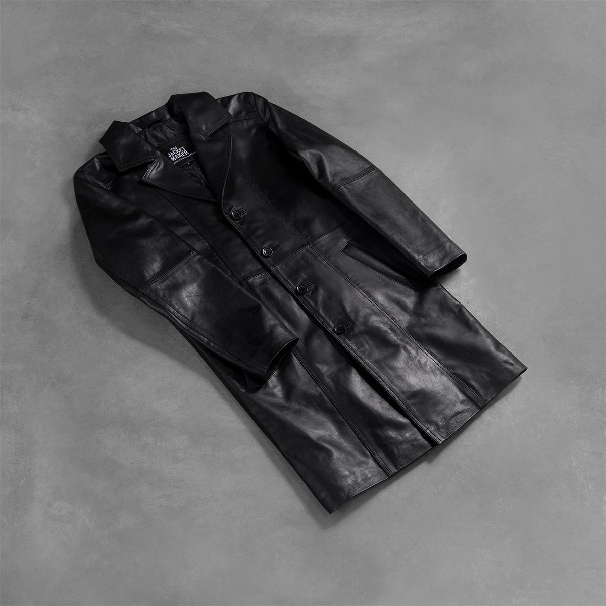 Open hem &amp; Hem Craftsmanship Construction Detail on Men's Don Long Svart Skinnkåpe for Herre