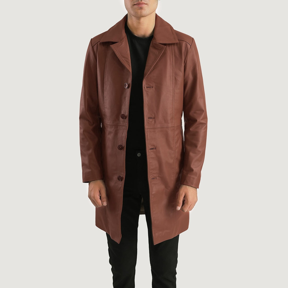 Don Long Brun Skinnkåpe for Herre in Brown Cowhide Leather - Front Profile View &amp; Tailored Silhouette | Buy Online