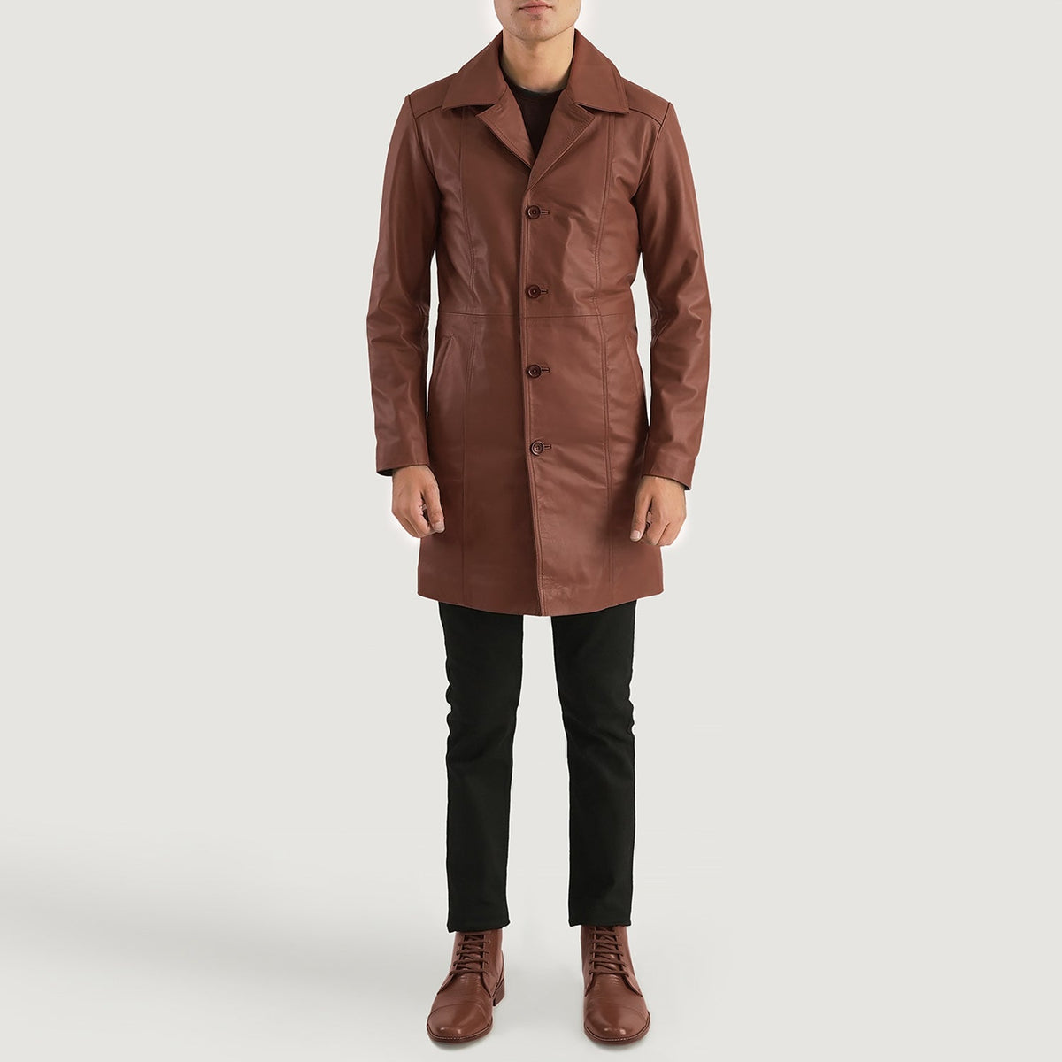 Don Long Brun Skinnkåpe for Herre - Lateral Side Profile View Showing Sleeve Cut &amp; Athletic Taper Fit