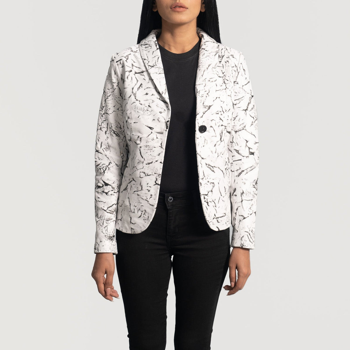 
Donna Blake White Leather Blazer - Lateral Side Profile View Showing Sleeve Cut & Athletic Taper Fit