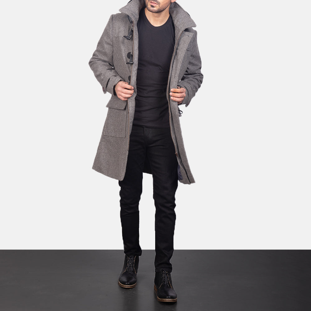 
Grey Wool Duffle Coat in Grey Synthetic Wool - Front Profile View & Tailored Silhouette | Buy Online