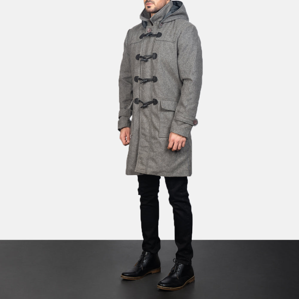 
Grey Synthetic Wool Trench Coat - Back View Showing Tailored Shoulder Fit & Clean Hemline