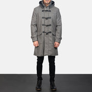
Grey Wool Duffle Coat - Lateral Side Profile View Showing Sleeve Cut & Athletic Taper Fit