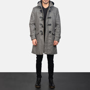 
Close-Up Detail of Shirt with Removable Hood & Toggle Buttons with Placket & Zipper Hardware on Grey Wool Duffle Coat