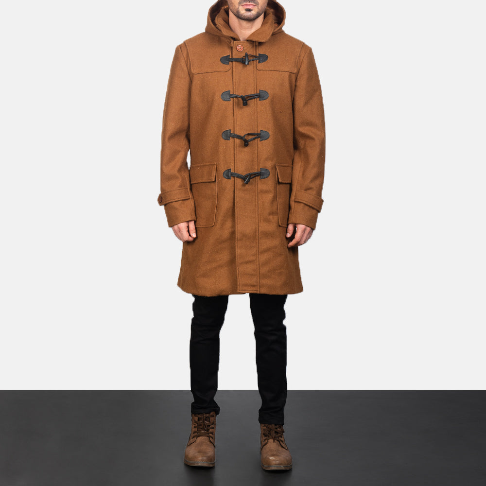 
Close-Up Detail of Shirt with Removable Hood & Toggle Buttons with Placket & Zipper Hardware on Drake Khaki Wool Duffle Coat