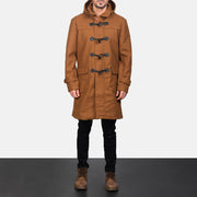 
Close-Up Detail of Shirt with Removable Hood & Toggle Buttons with Placket & Zipper Hardware on Drake Khaki Wool Duffle Coat