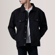 Eddie Svart Oversized Denim Trucker Skinnjakke for Herre For Men in Black Full-Grain Leather - Front Profile View &amp; Tailored Silhouette | Buy Online