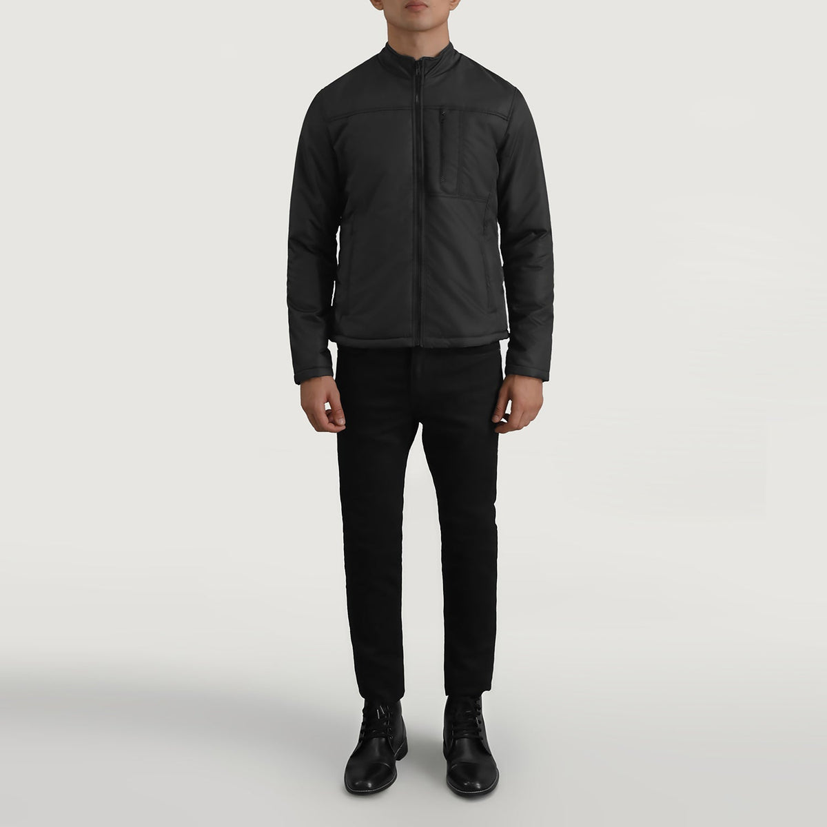Elliot Svart Lightweight Skinnjakke for Herre - Lateral Side Profile View Showing Sleeve Cut &amp; Athletic Taper Fit
