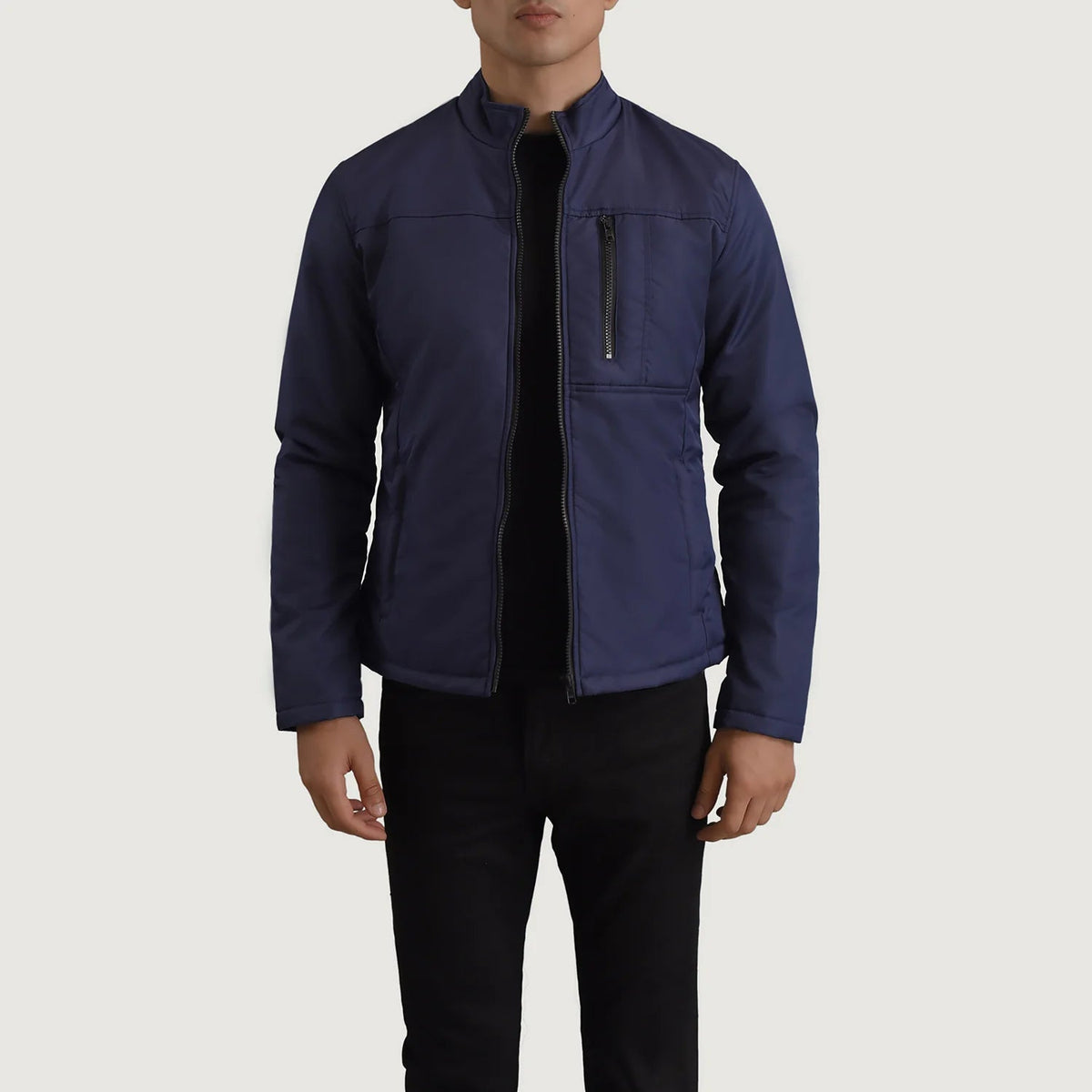 Elliot Blue Lightweight Skinnjakke for Herre in Blue Full-Grain Leather - Front Profile View &amp; Tailored Silhouette | Buy Online