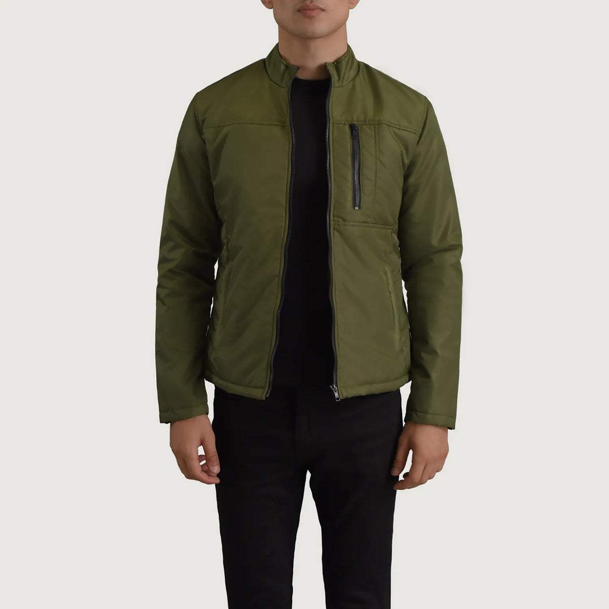 Elliot Green Lightweight Skinnjakke for Herre in Green Full-Grain Leather - Front Profile View &amp; Tailored Silhouette | Buy Online