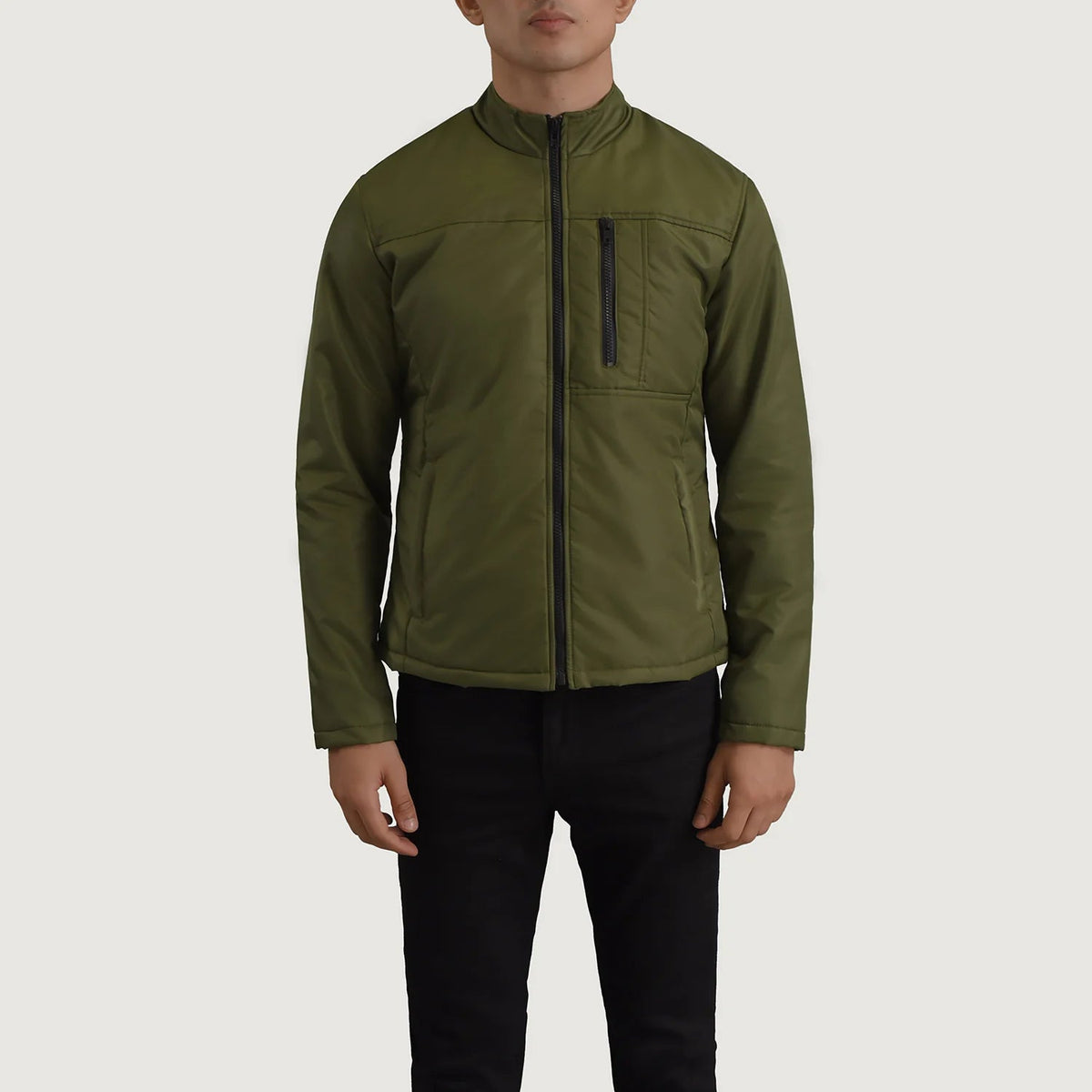 Close-Up Detail of Classic Collar &amp; Zipper Hardware on Elliot Green Lightweight Skinnjakke for Herre