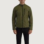 Close-Up Detail of Classic Collar &amp; Zipper Hardware on Elliot Green Lightweight Skinnjakke for Herre