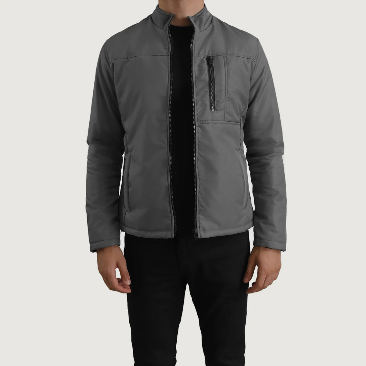 Elliot Grey Lightweight Skinnjakke for Herre in Grey Full-Grain Leather - Front Profile View &amp; Tailored Silhouette | Buy Online