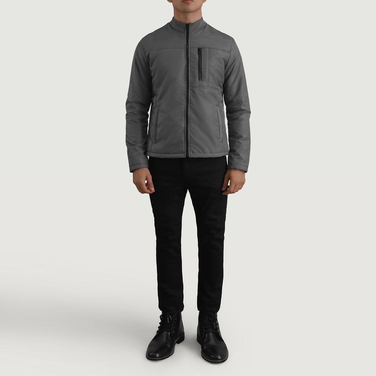 Elliot Grey Lightweight Skinnjakke for Herre - Lateral Side Profile View Showing Sleeve Cut &amp; Athletic Taper Fit
