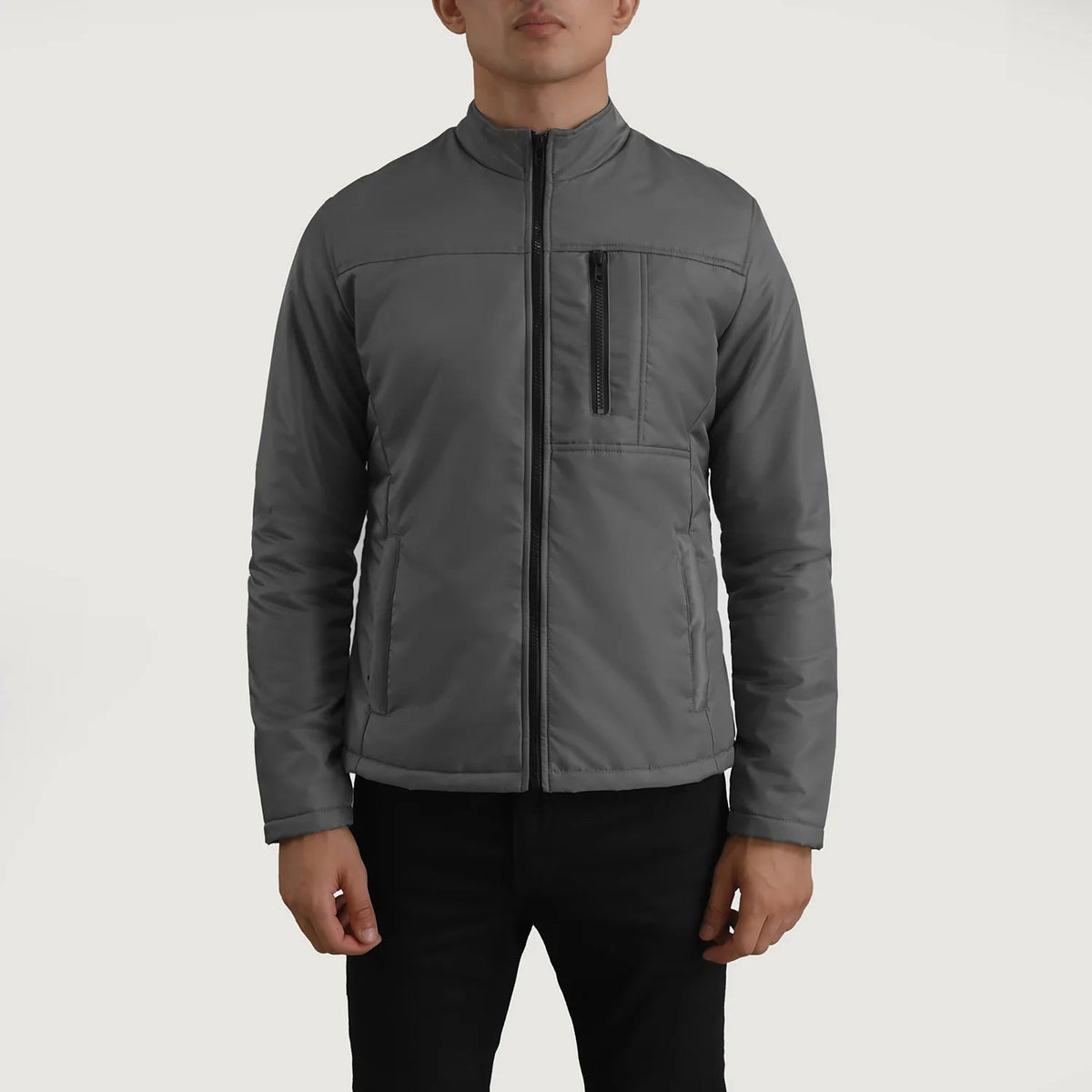 Close-Up Detail of Classic Collar &amp; Zipper Hardware on Elliot Grey Lightweight Skinnjakke for Herre