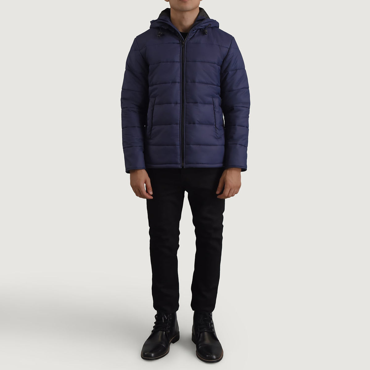 Erico Blue Hooded Puffer Skinnjakke for Herre - Lateral Side Profile View Showing Sleeve Cut &amp; Athletic Taper Fit
